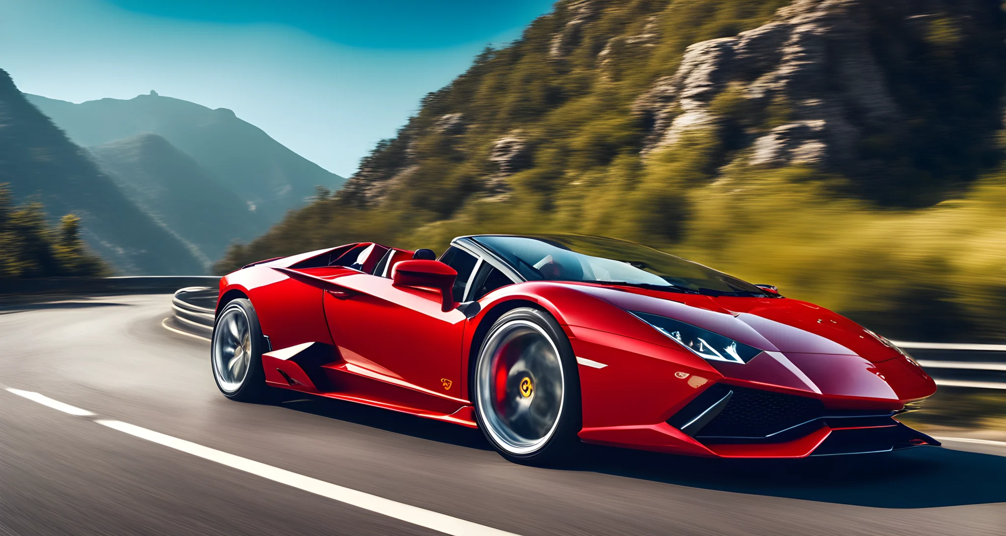 The image shows a sleek, red Lamborghini speeding along a winding mountain road with clear blue skies overhead.