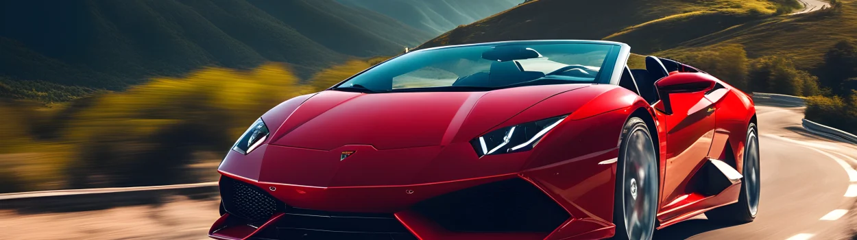 The image shows a sleek, red Lamborghini sports car driving on a winding, scenic road with mountains in the background.