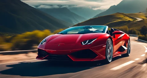 The image shows a sleek, red Lamborghini sports car driving on a winding, scenic road with mountains in the background.