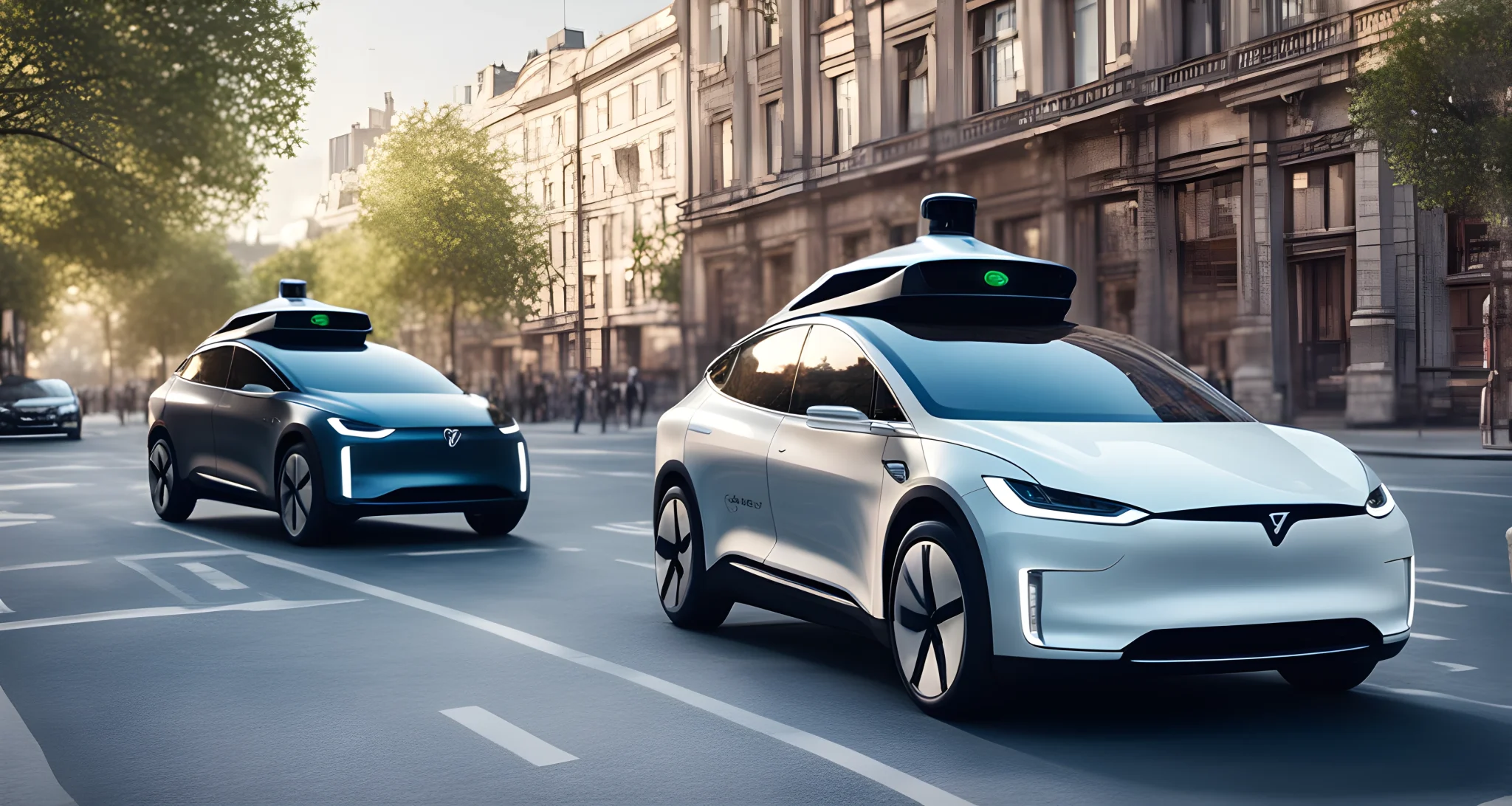 The image shows a sleek self-driving car and an electric vehicle parked next to each other on a city street.