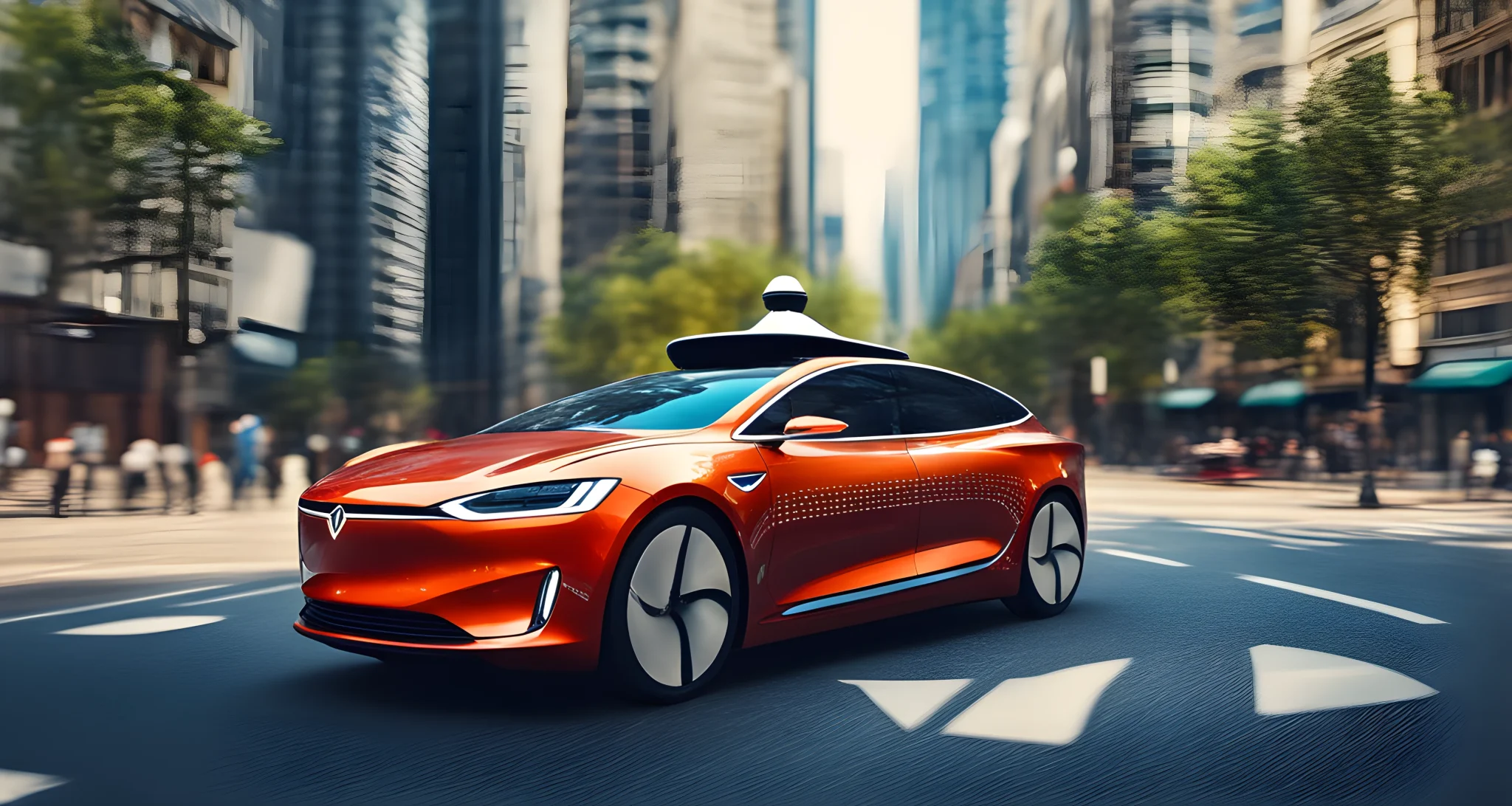 The image shows a sleek, self-driving car navigating through a city street.