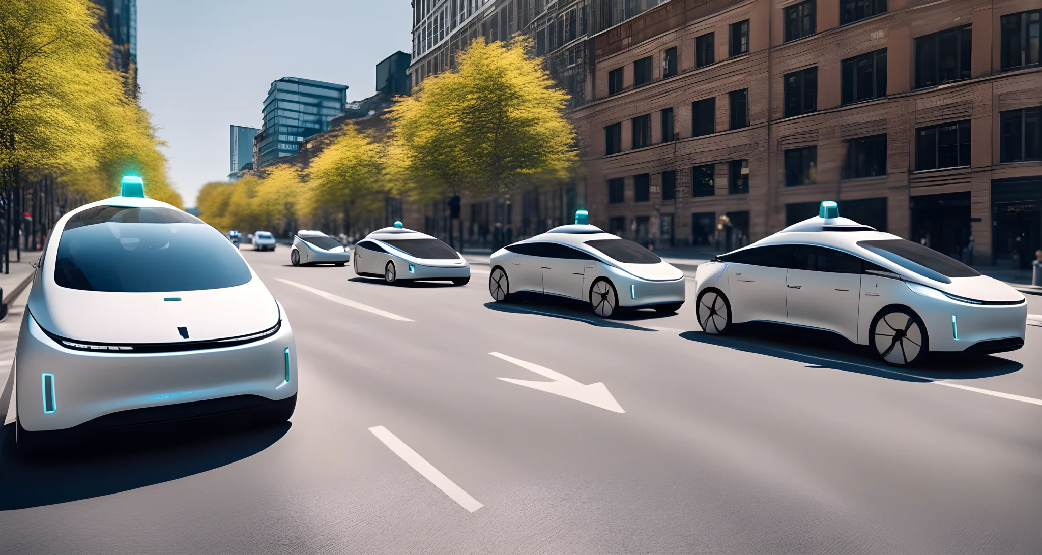 The image shows a sleek self-driving car on a city street, surrounded by electric vehicles and charging stations.