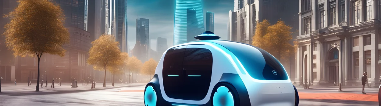 The image shows a sleek, self-driving electric vehicle on a futuristic city street.