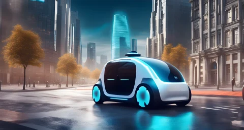 The image shows a sleek, self-driving electric vehicle on a futuristic city street.