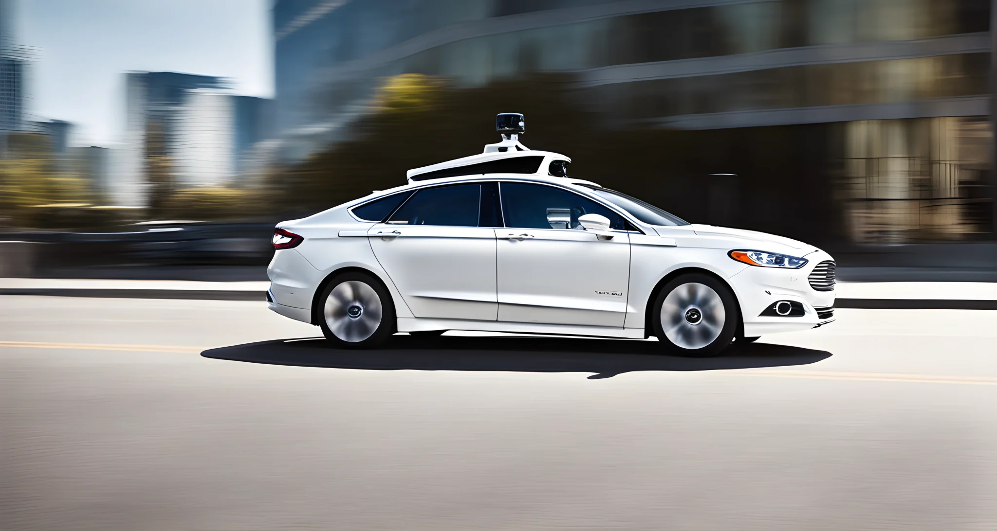 The image shows a sleek, white Ford self-driving car with sensors and cameras mounted on the exterior.
