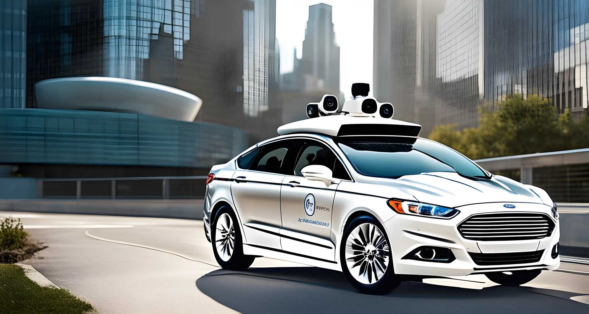 The image shows a sleek, white Ford self-driving car, with sensors and cameras mounted on the roof. A financial report for Ford is displayed alongside, with graphs and charts indicating potential cost savings and revenue opportunities from self-driving technology.