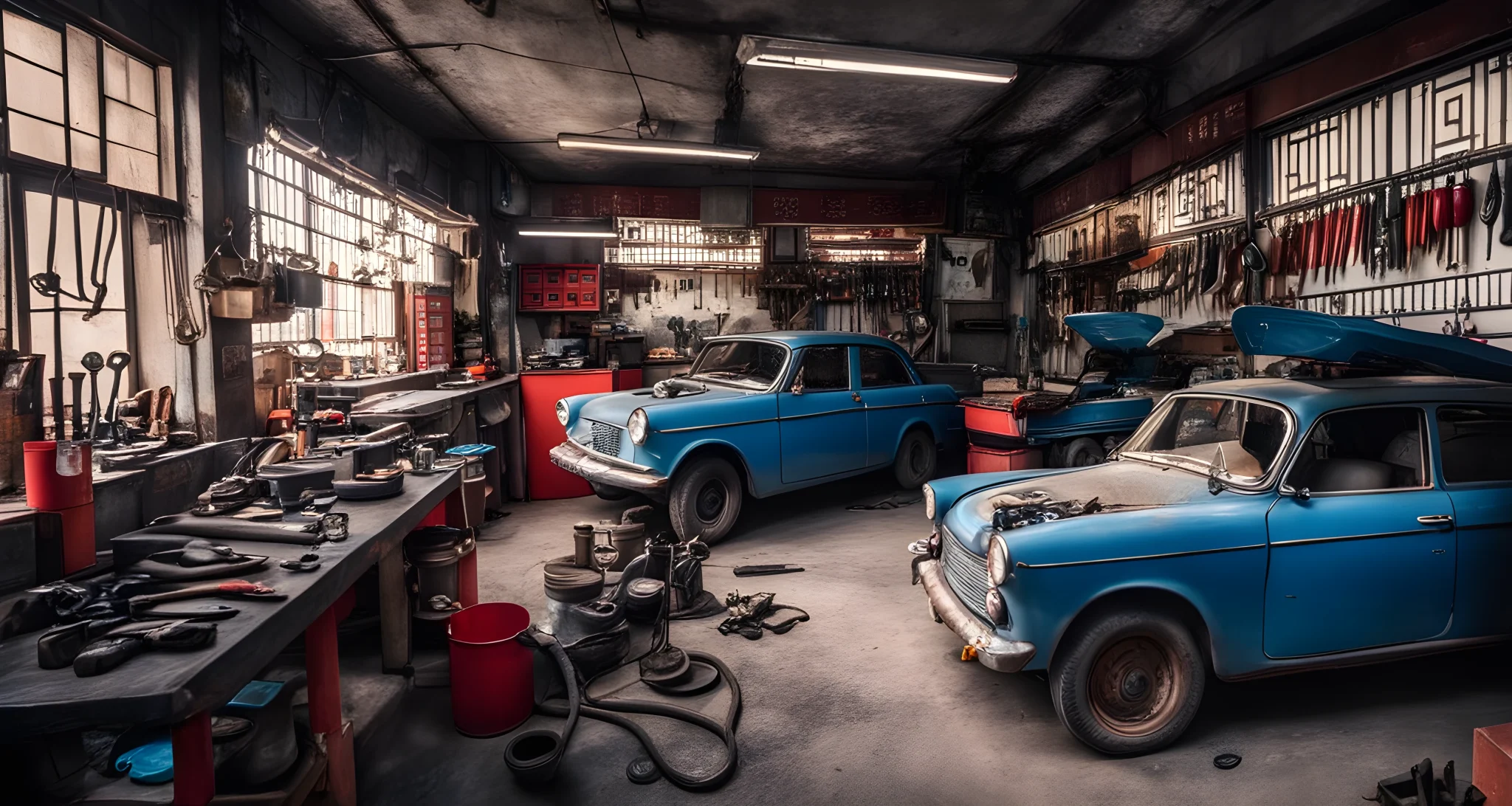 The image shows a small, local car repair shop in China with a variety of tools and equipment on display.