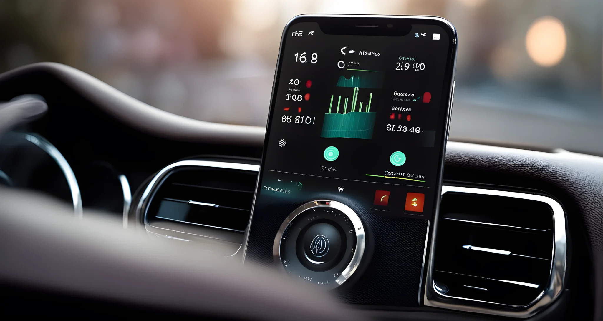 The image shows a smartphone connected to a vehicle's dashboard, displaying a customized user interface with navigation, music, and voice commands.