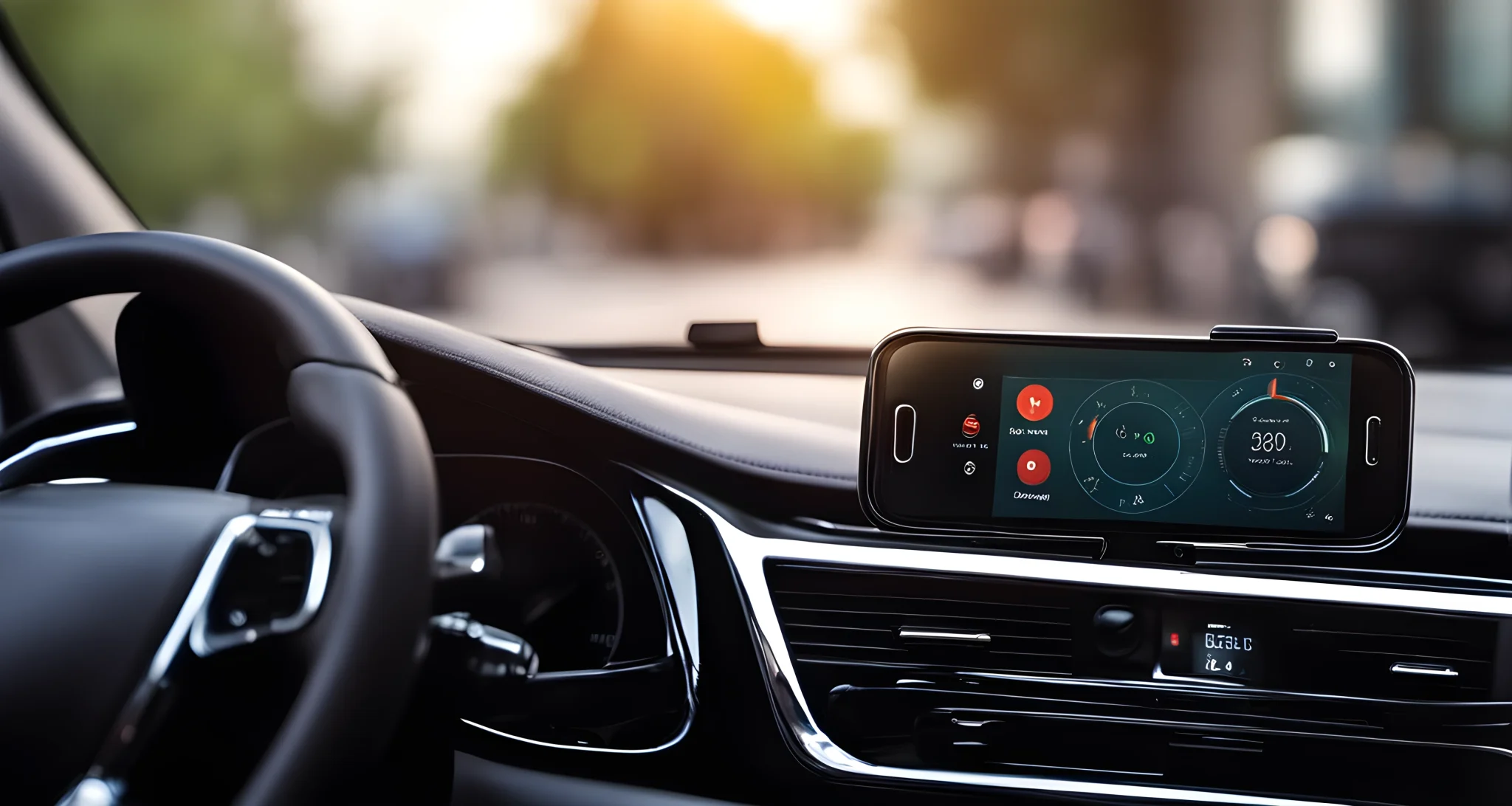 The image shows a smartphone integrated with a car dashboard, with the driver using the phone to control various car functions.