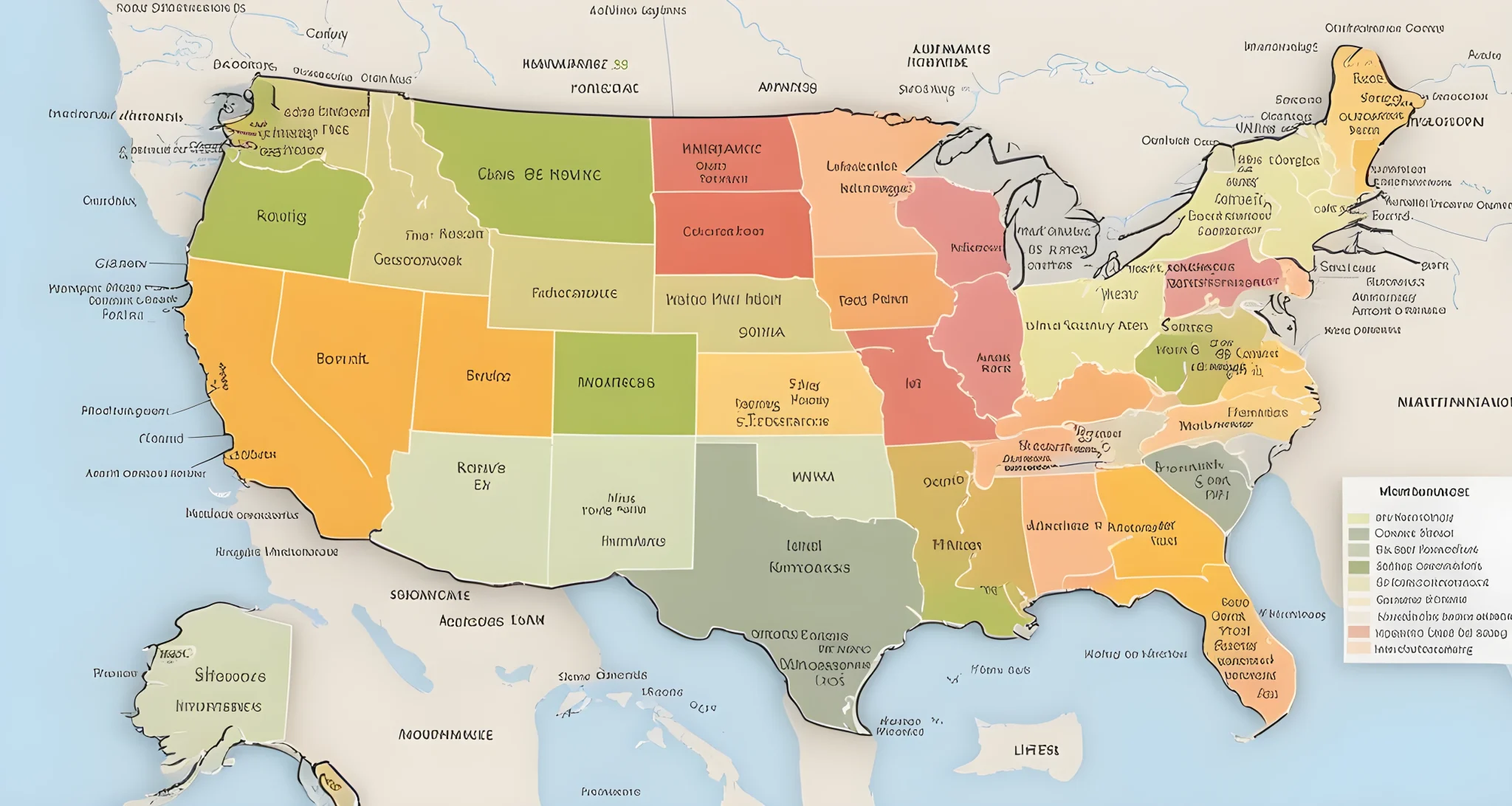 The image shows a state map with highlighted areas representing different car insurance and financing mandates.