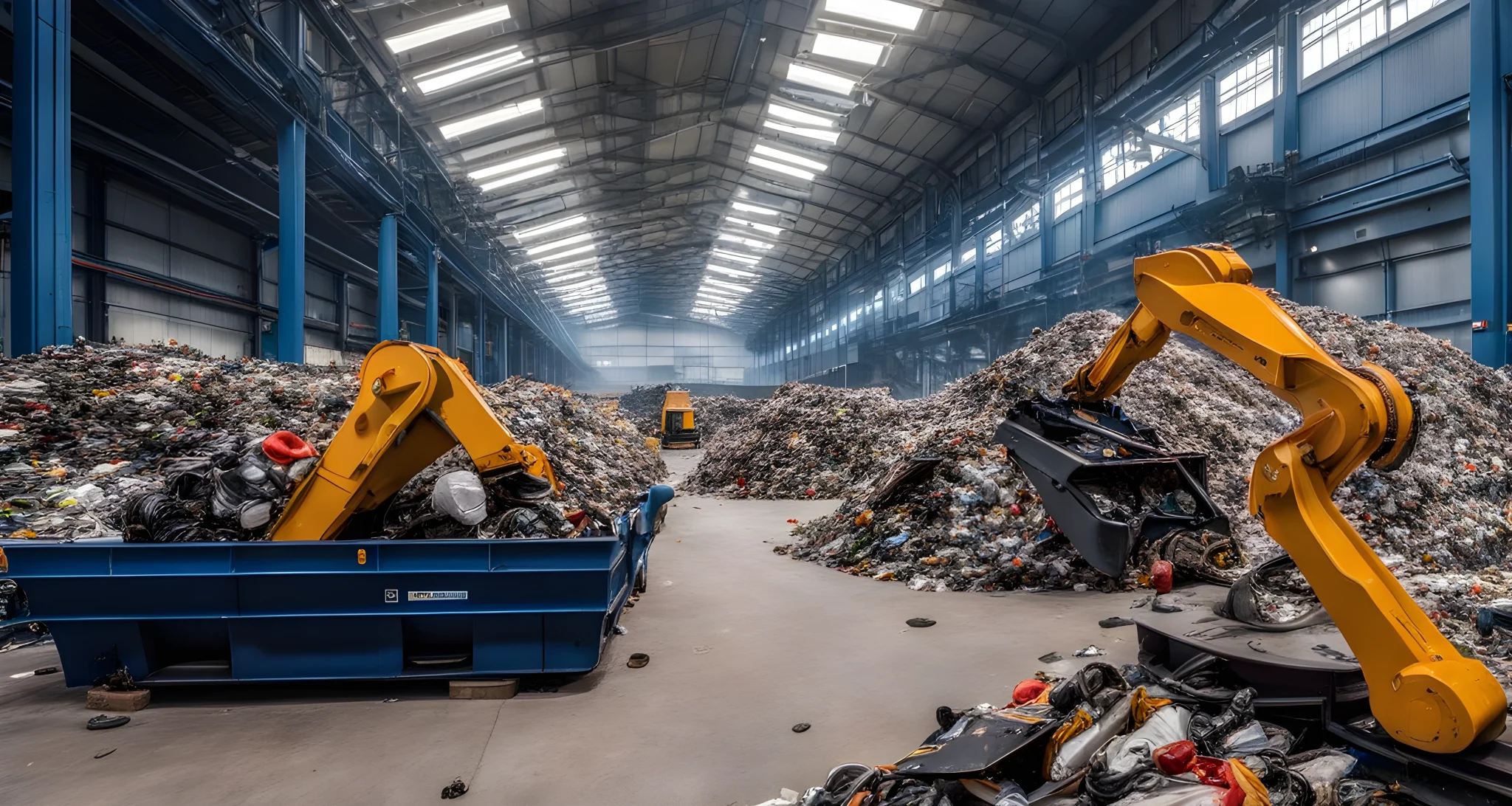 The image shows a state-of-the-art recycling center with advanced machinery and robotic arms sorting through piles of automotive waste for recycling and reprocessing.