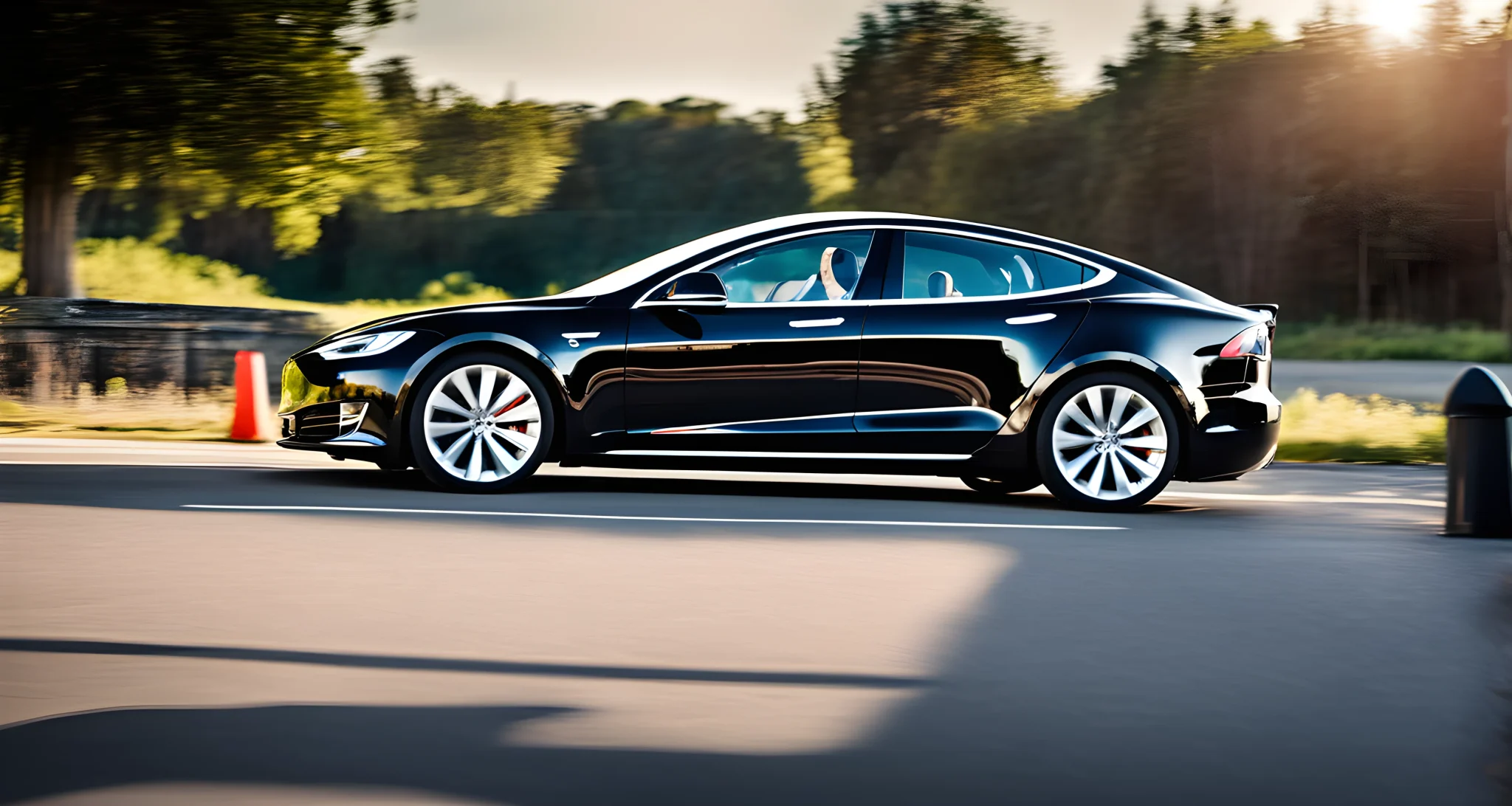 The image shows a Tesla Model S with a sleek design and advanced autopilot sensors and cameras.