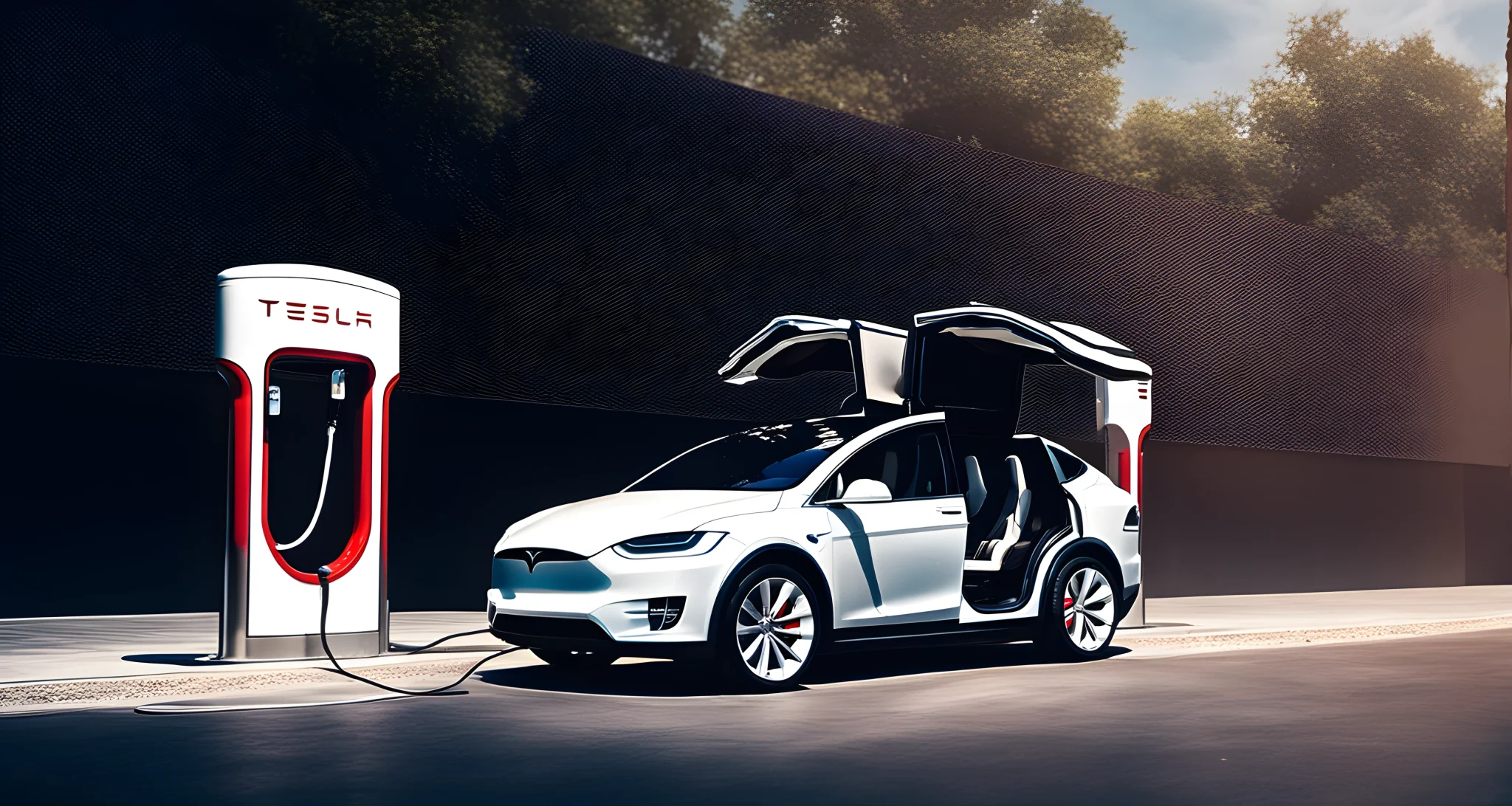 The image shows a Tesla Model X electric vehicle parked next to a charging station.