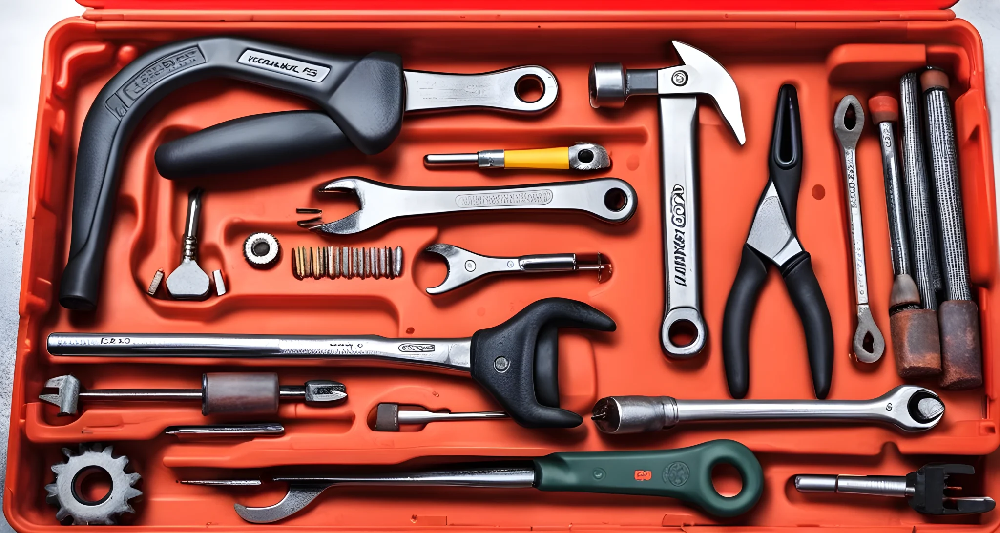 The image shows a toolbox filled with various car maintenance tools and equipment.