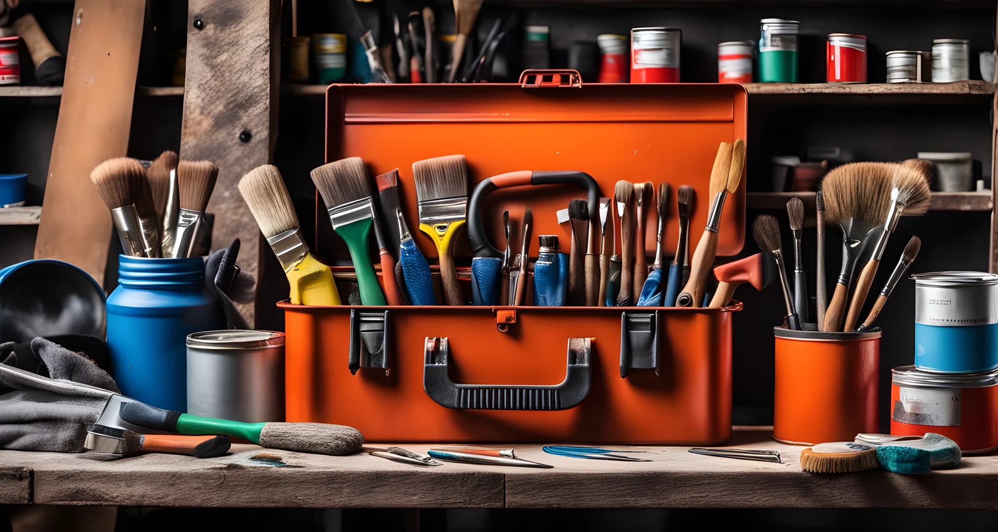 The image shows a toolbox filled with various tools and equipment, alongside a shelf displaying a collection of paint cans and brushes.