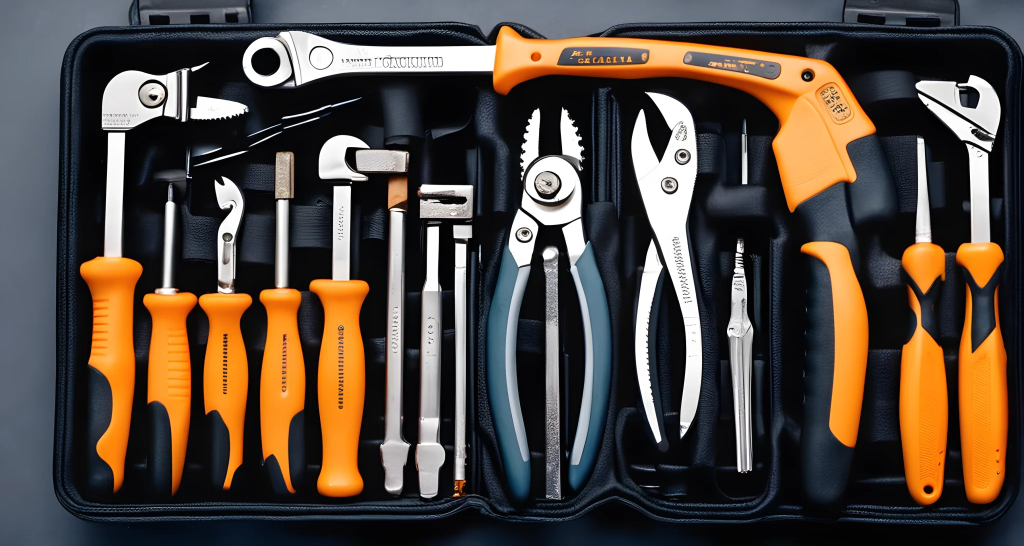 The image shows a toolkit with various wrenches, screwdrivers, and pliers.