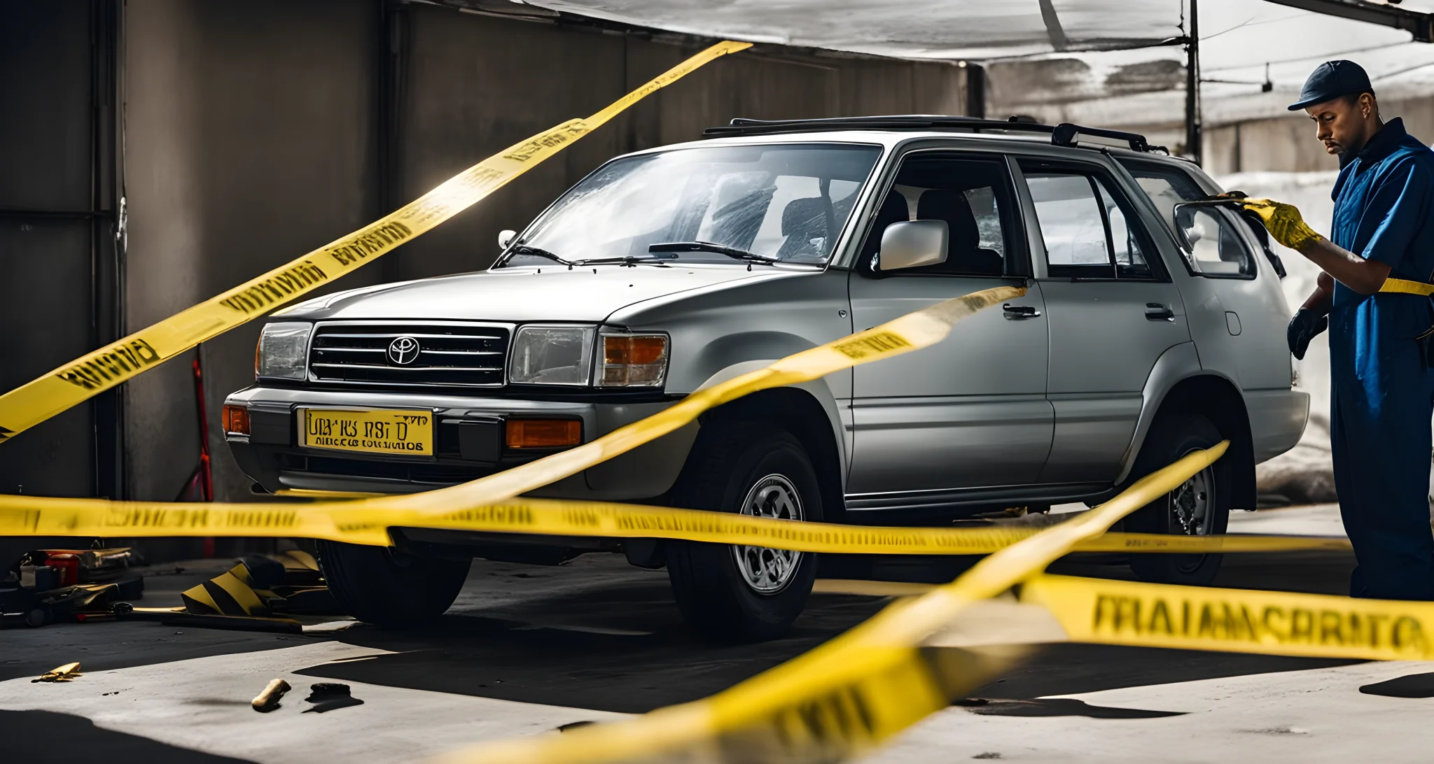 The image shows a Toyota car surrounded by caution tape and being inspected by a mechanic.