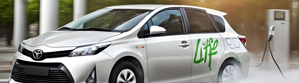 The image shows a Toyota car with a hybrid engine running on alternative fuel.