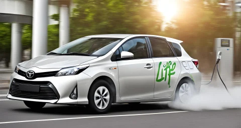 The image shows a Toyota car with a hybrid engine running on alternative fuel.