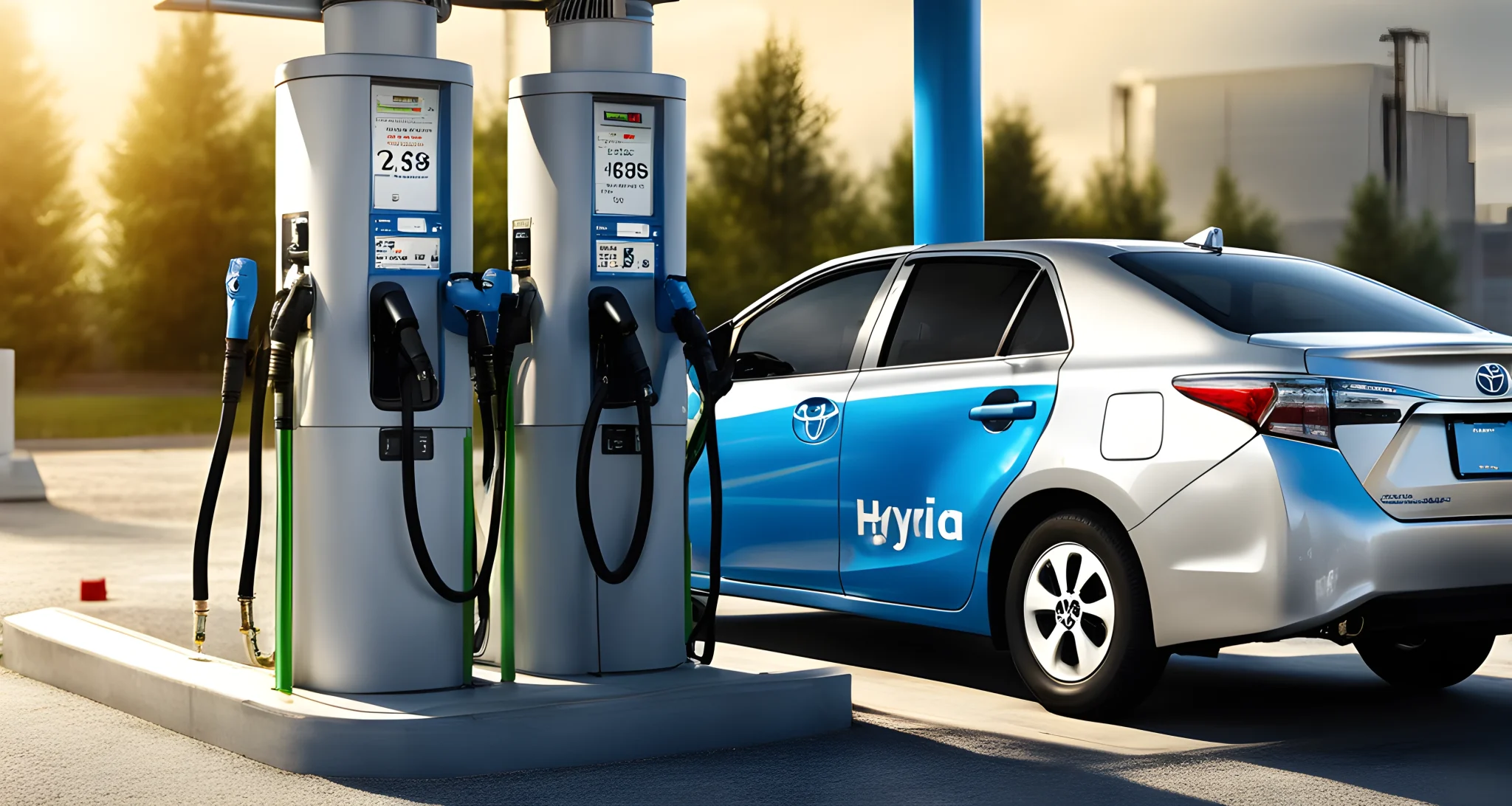 The image shows a Toyota hybrid vehicle being fueled with compressed natural gas at a pump station.