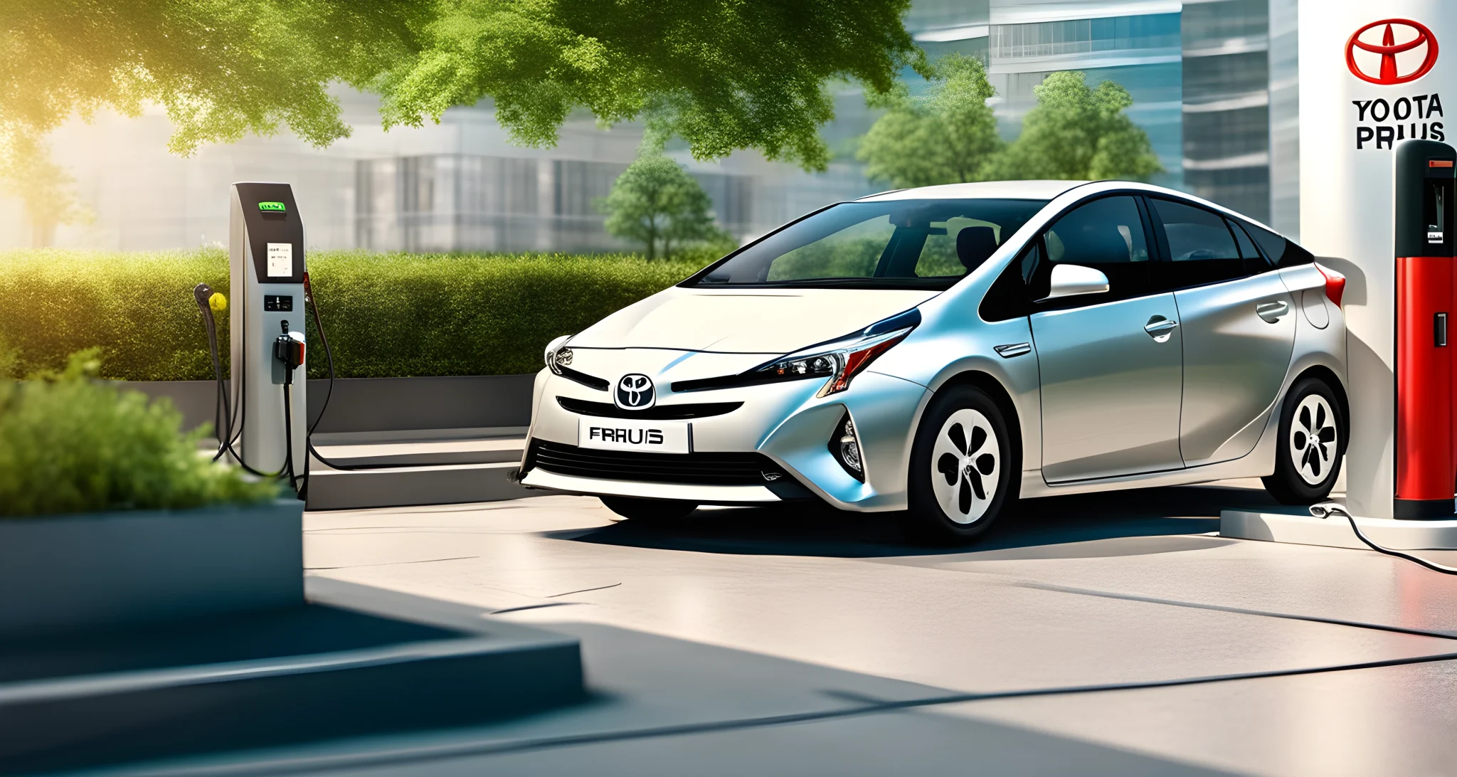 The image shows a Toyota Prius hybrid car parked next to a fuel pump, with a biofuel and electric charging station in the background.