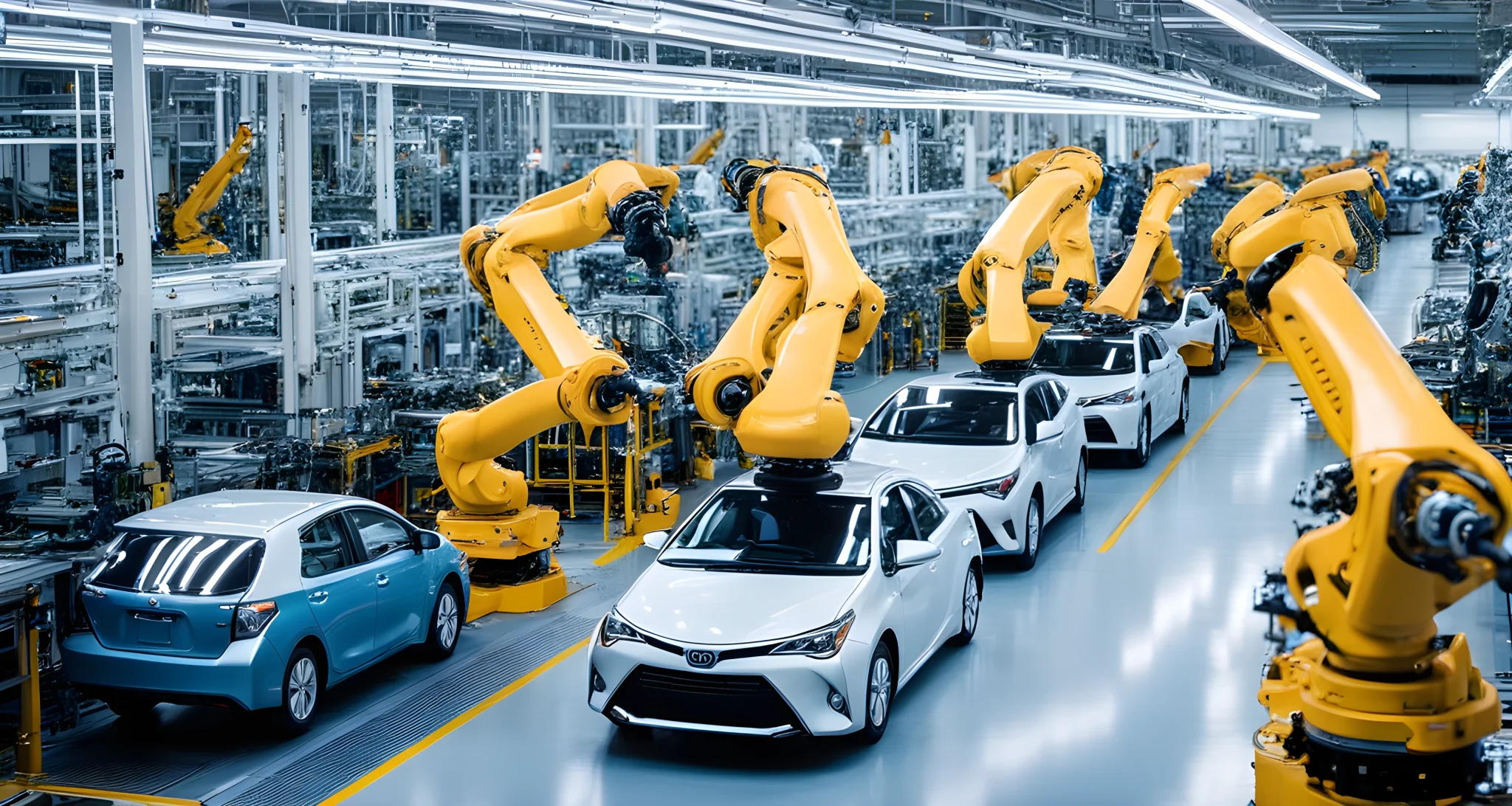 The image shows a Toyota production line with robotic arms assembling vehicles.