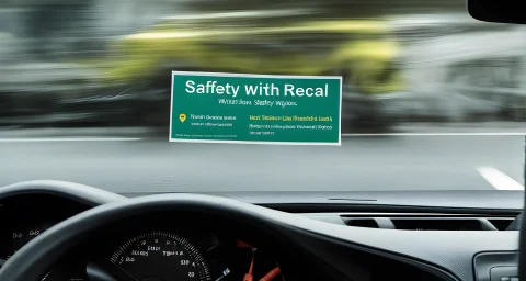 The image shows a Toyota vehicle with a safety recall notice displayed on the dashboard.