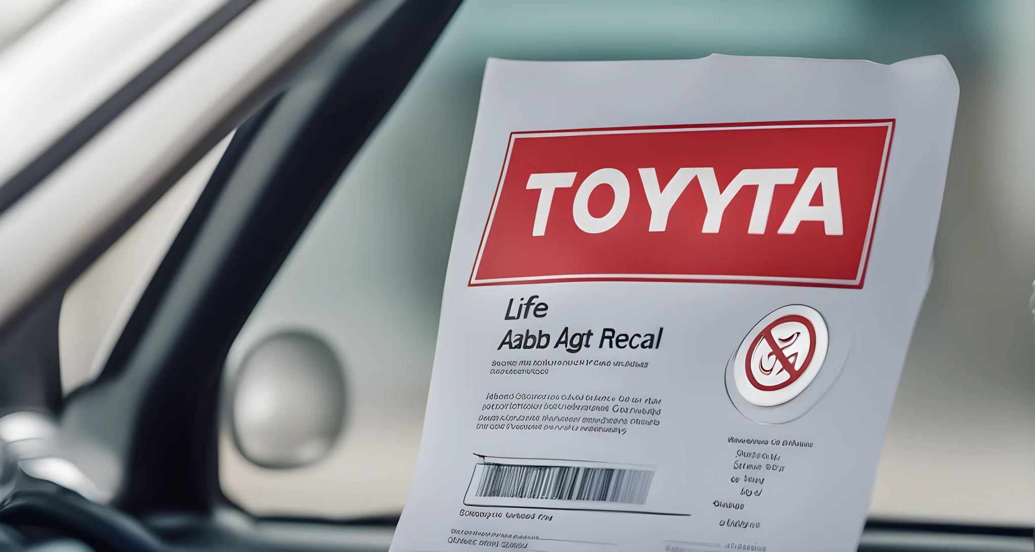 The image shows a Toyota vehicle with an airbag symbol on the dashboard and a safety recall notice on the windshield.