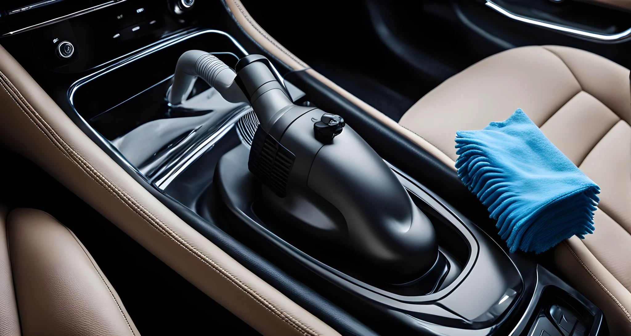 The image shows a vacuum cleaner, microfiber cloths, and a bottle of interior cleaner on a car interior.