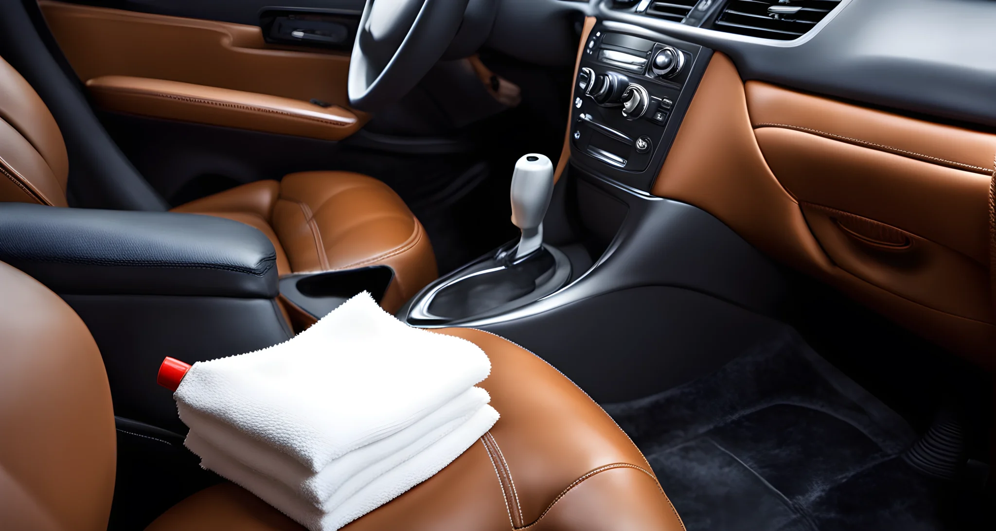 The image shows a vacuum cleaner, microfiber cloths, and a bottle of interior cleaning solution on a car's leather seats.