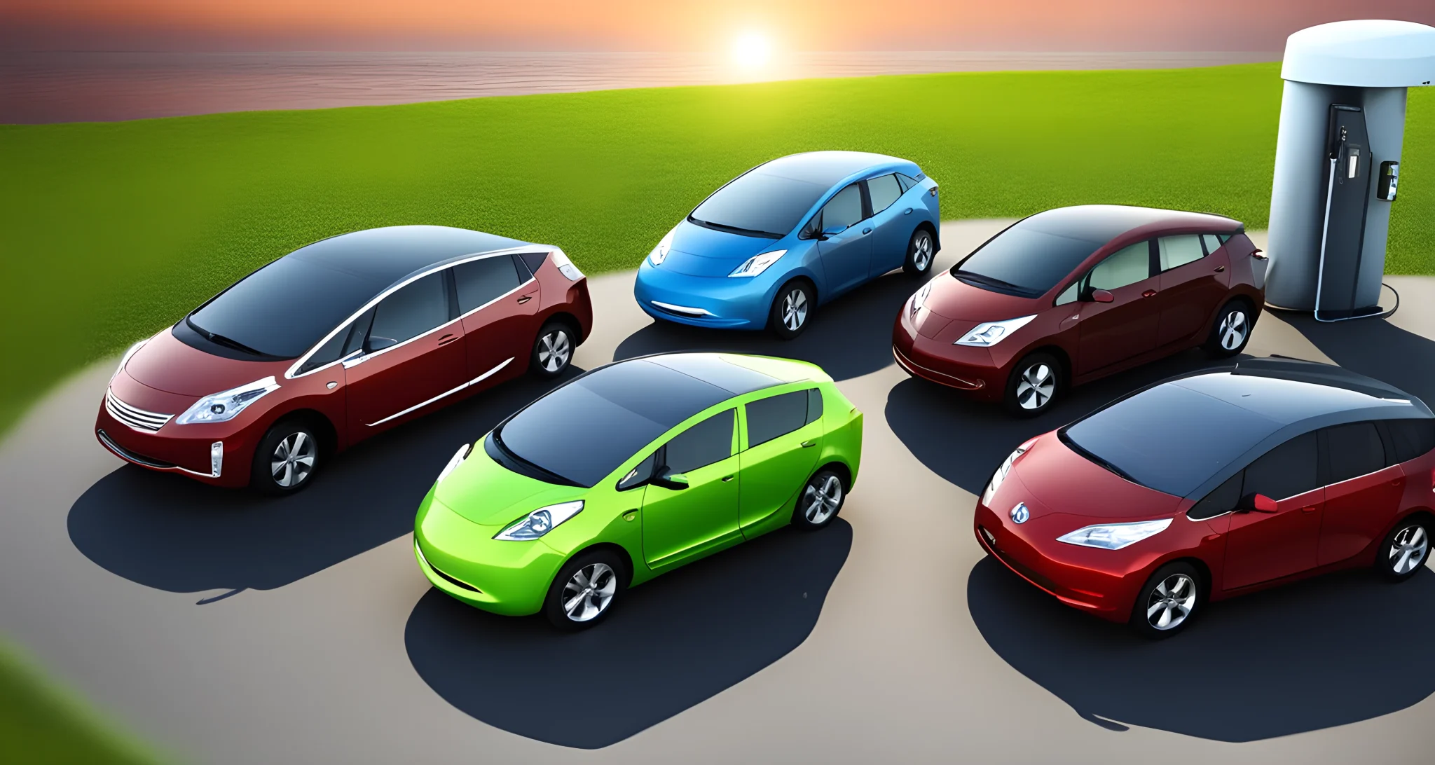 The image shows a variety of alternative fuel vehicles, including electric, hybrid, and hydrogen fuel cell cars.