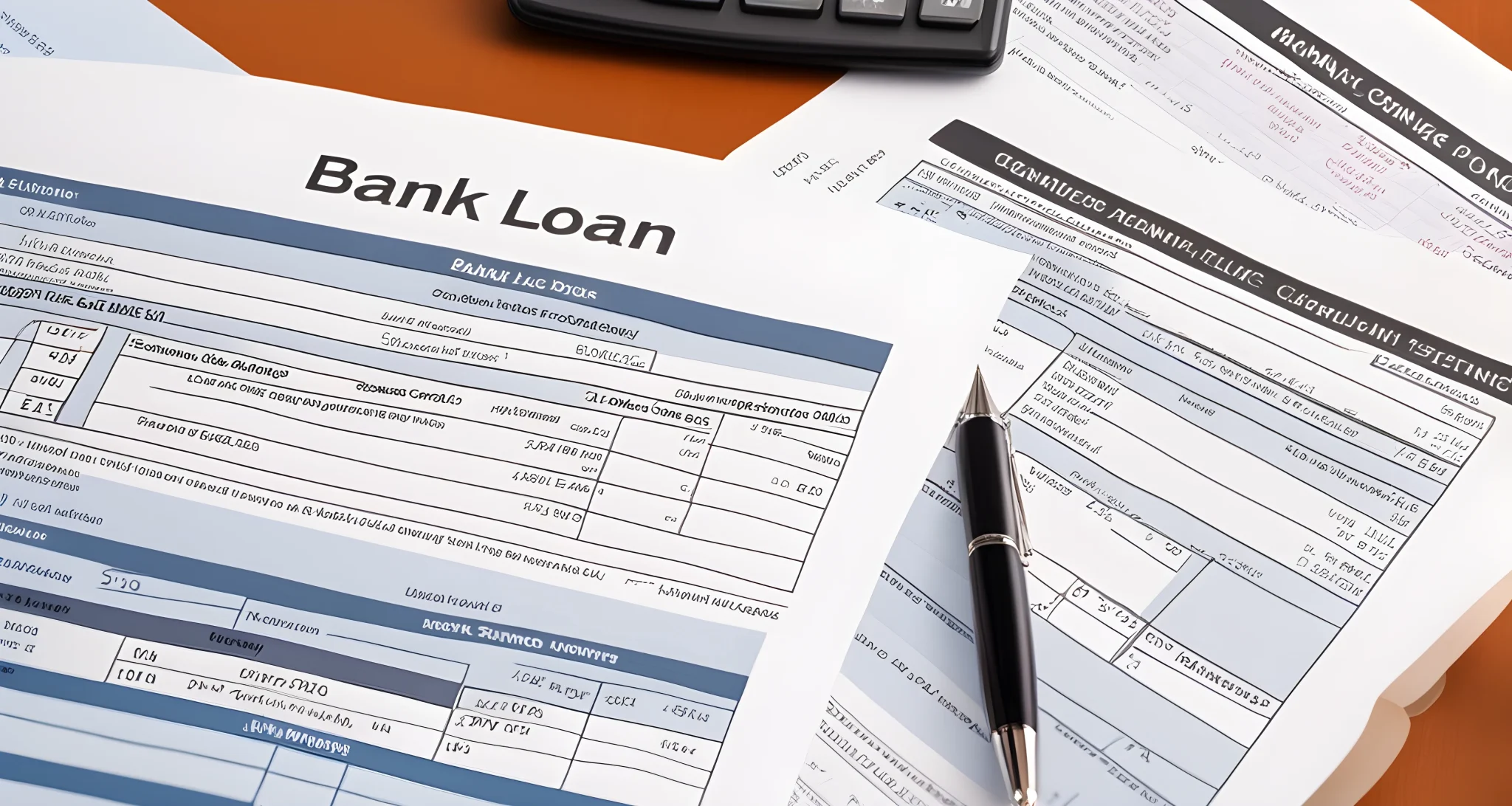 The image shows a variety of bank loan and financing documents, including loan applications, credit reports, and financial statements.