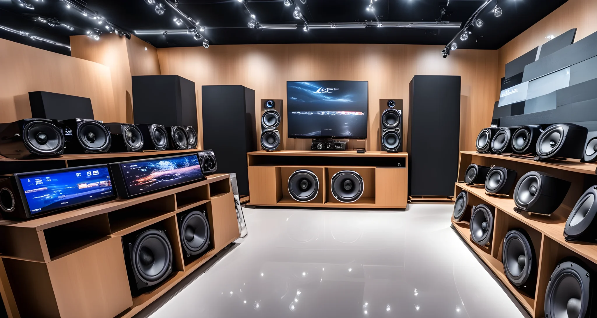 The image shows a variety of car audio systems and accessories such as speakers, amplifiers, and subwoofers displayed in a showroom in China.