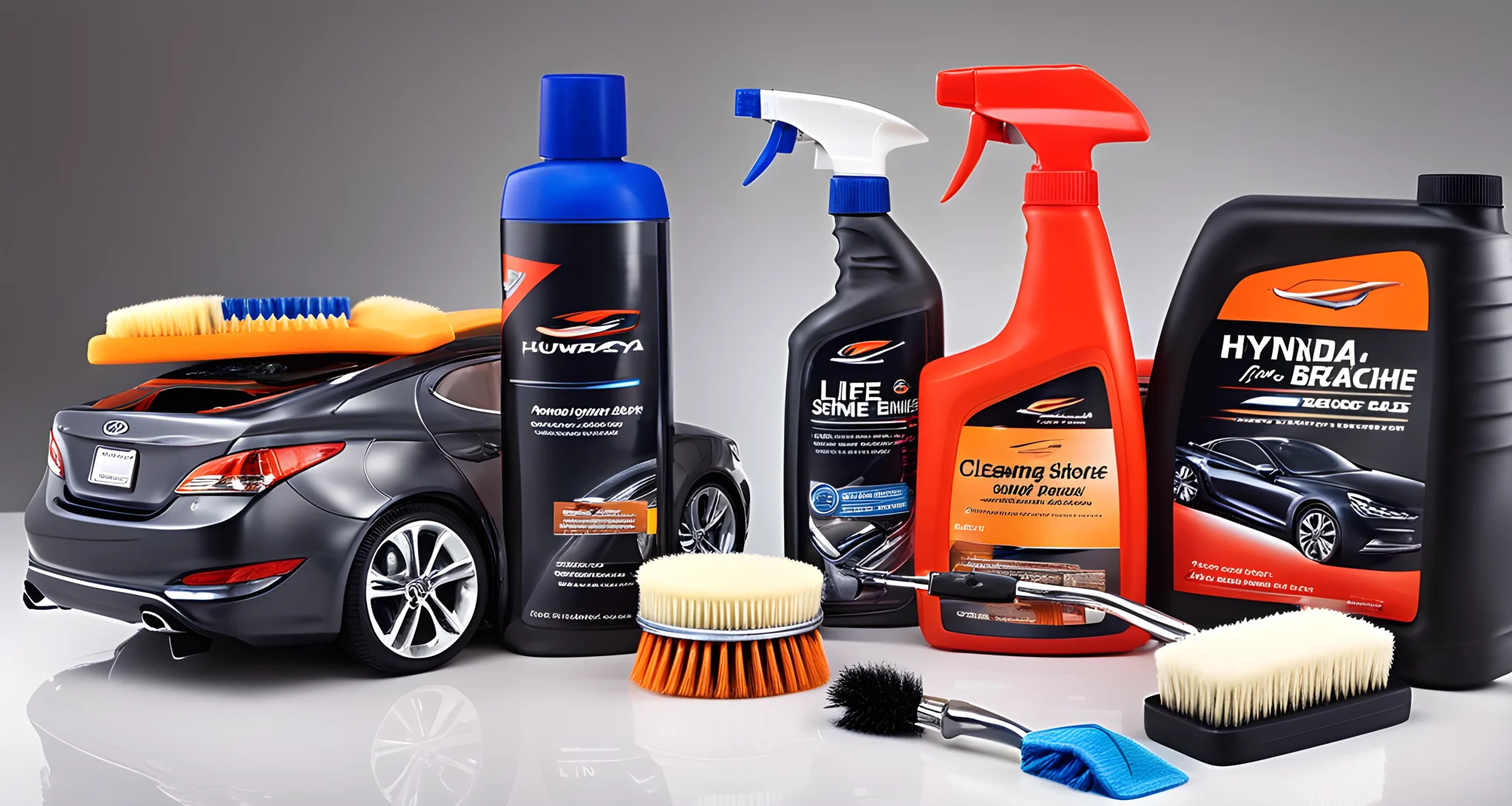 The image shows a variety of car care products and tools specifically designed for Hyundai vehicles, including cleaning supplies, wax, tire shine, and detailing brushes.