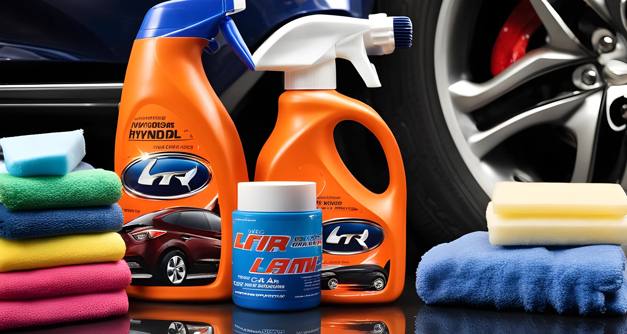 The image shows a variety of car care products and tools for Hyundai vehicles, including car wash soap, microfiber towels, tire cleaner, and wax.