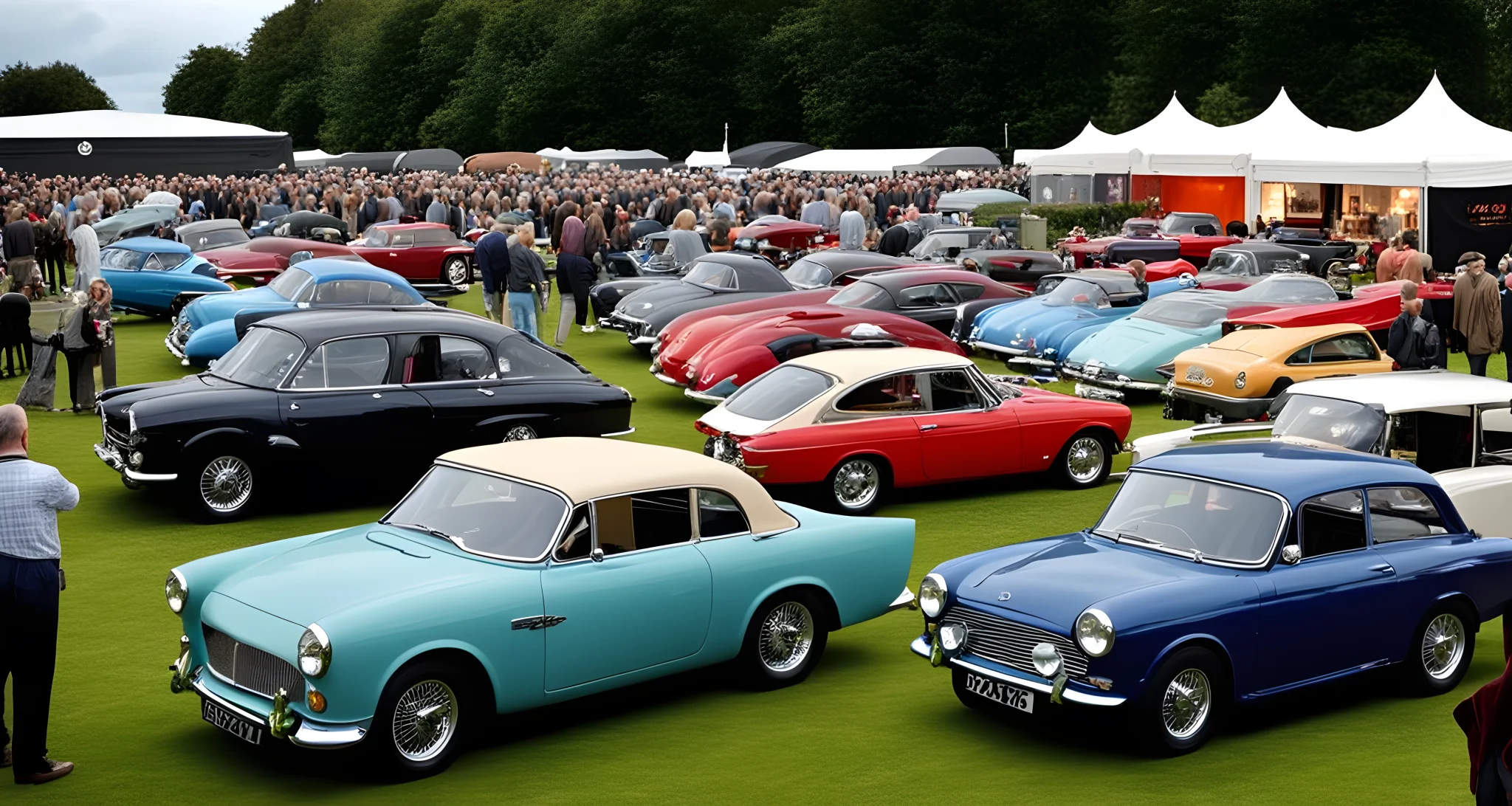 The image shows a variety of classic and modern cars parked at a car show in the UK. Cars of all colors and sizes are on display, with people milling around admiring the vehicles.