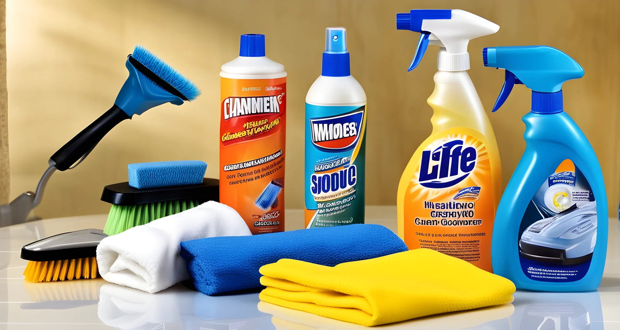 The image shows a variety of cleaning products and tools including microfiber cloths, interior cleaner spray, leather conditioner, and a handheld vacuum.