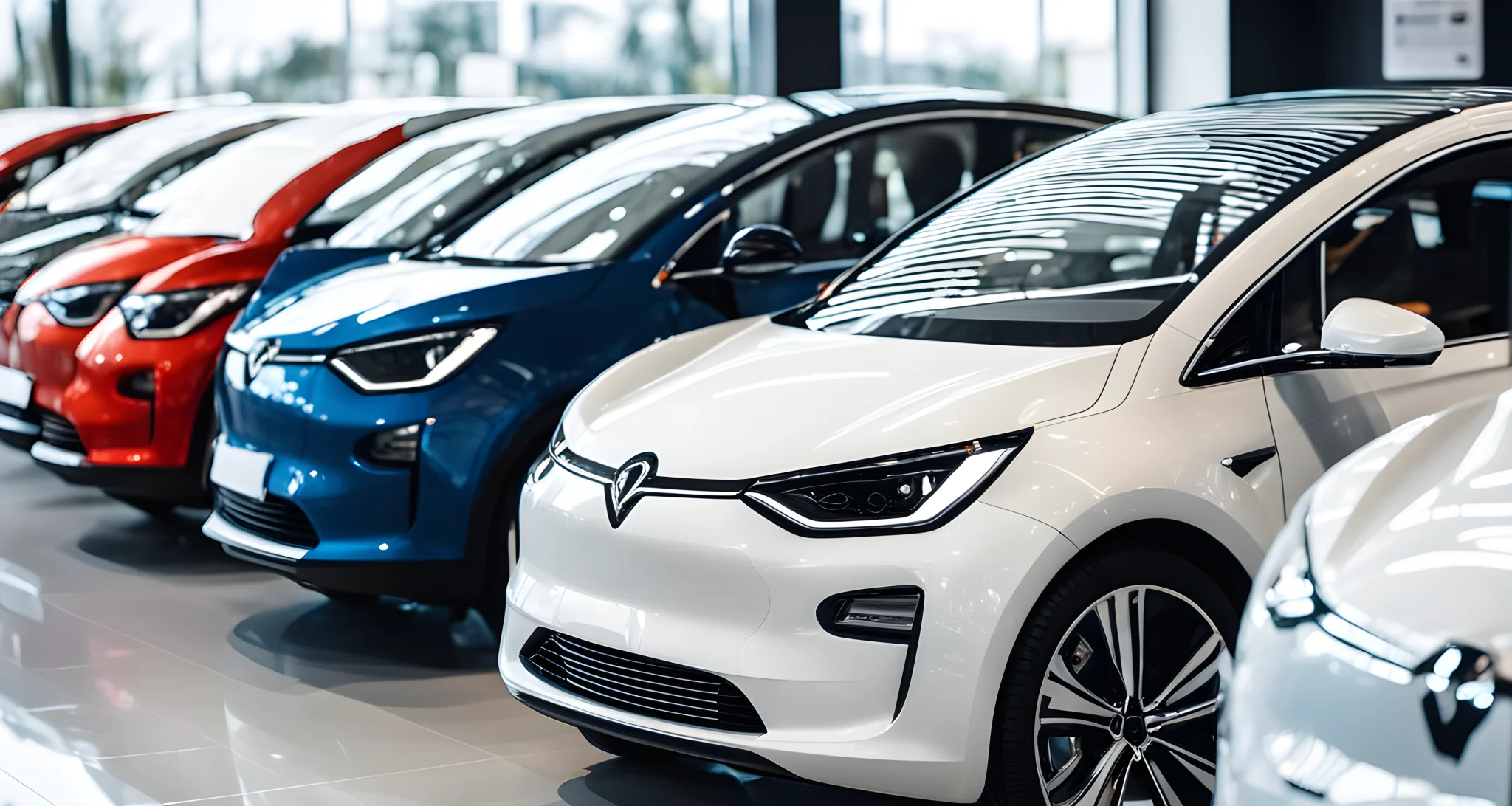 The image shows a variety of electric car models lined up in a dealership showroom, with price tags prominently displayed on each vehicle.