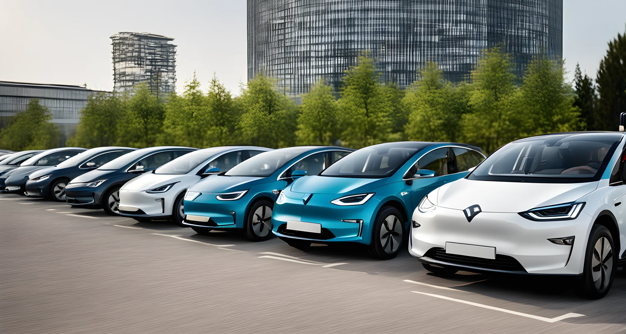 The image shows a variety of electric vehicles and hybrid cars lined up for test drives.