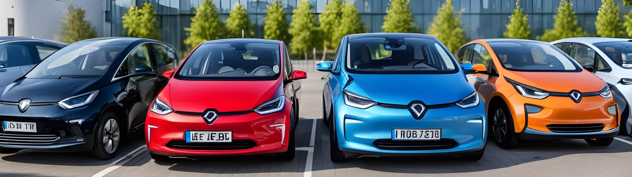 The image shows a variety of electric vehicles and hybrid cars lined up for test drives.