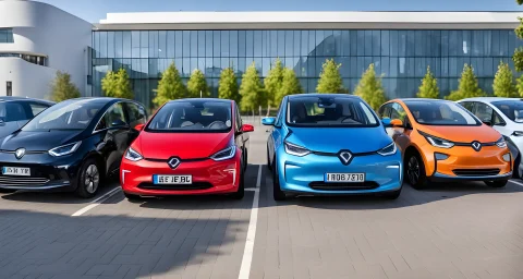 The image shows a variety of electric vehicles and hybrid cars lined up for test drives.