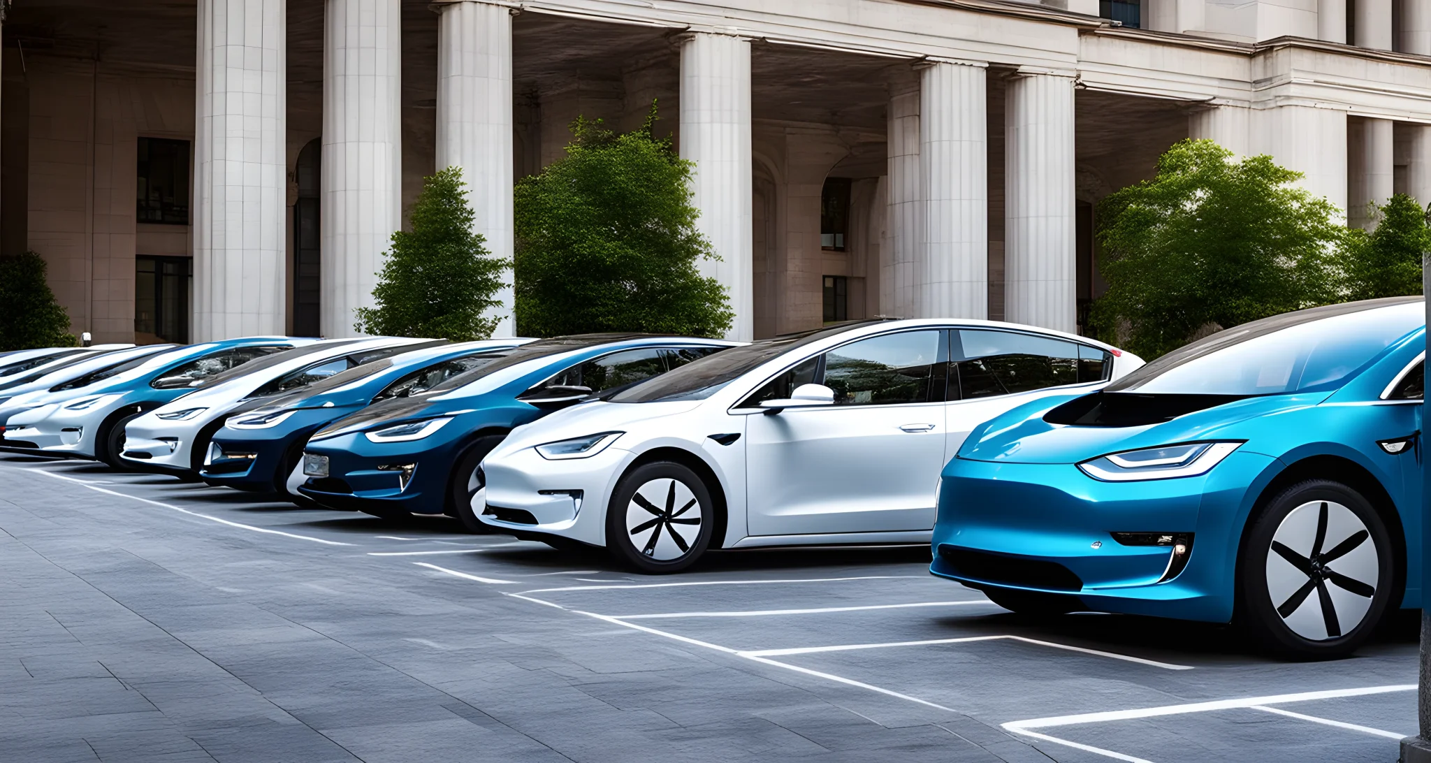 The image shows a variety of electric vehicles lined up outside a government building, with officials and industry representatives discussing regulations and incentives for electric vehicles.