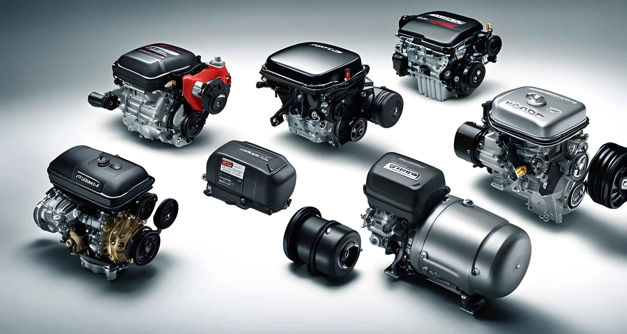 The image shows a variety of Honda car engines and powertrain options, including different types of motor, transmission, and fuel system.