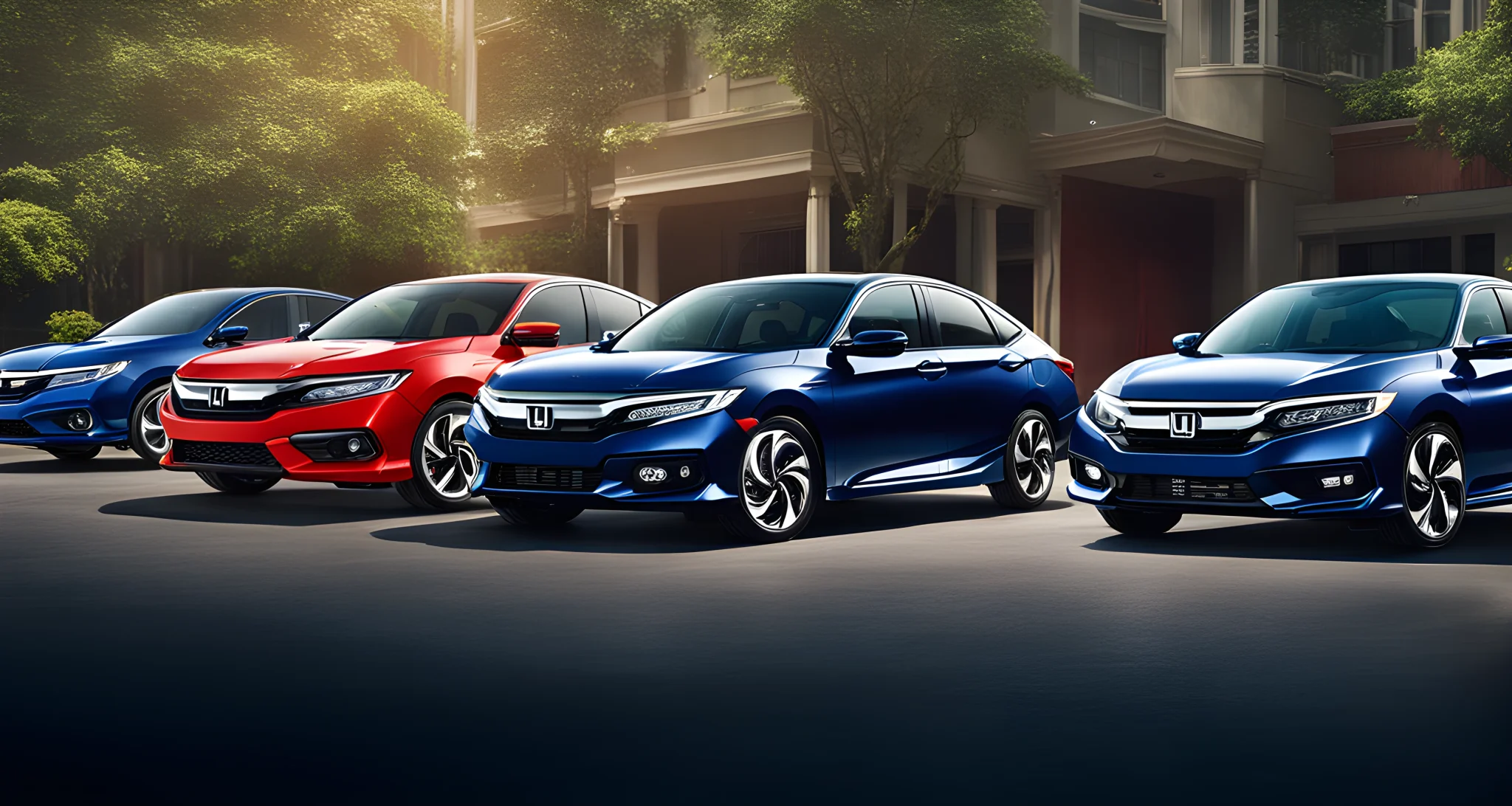 The image shows a variety of Honda car models lined up, showcasing different features and trim levels.