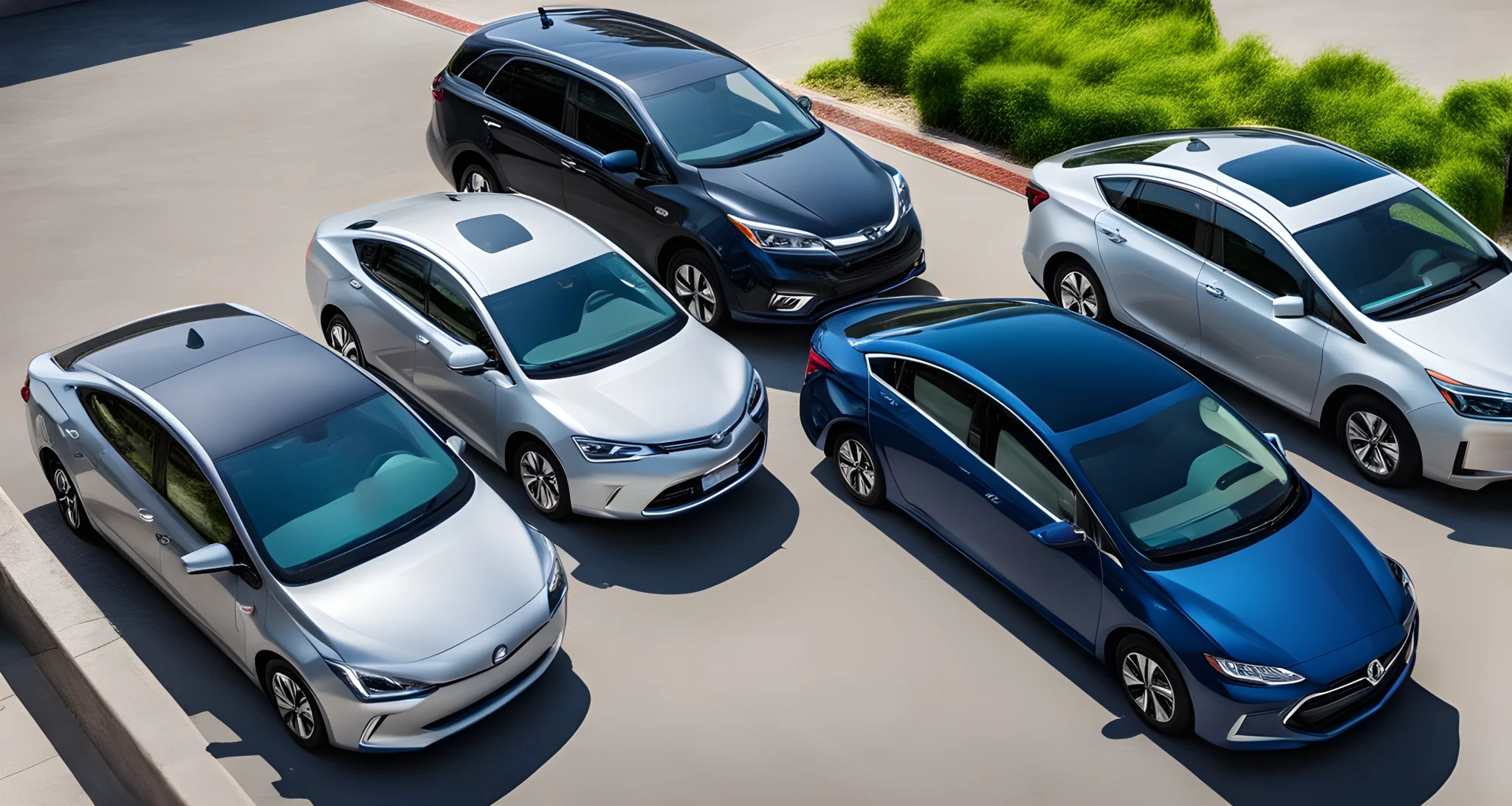 The image shows a variety of hybrid and electric vehicles parked in a row, including sedans, SUVs, and compact cars.