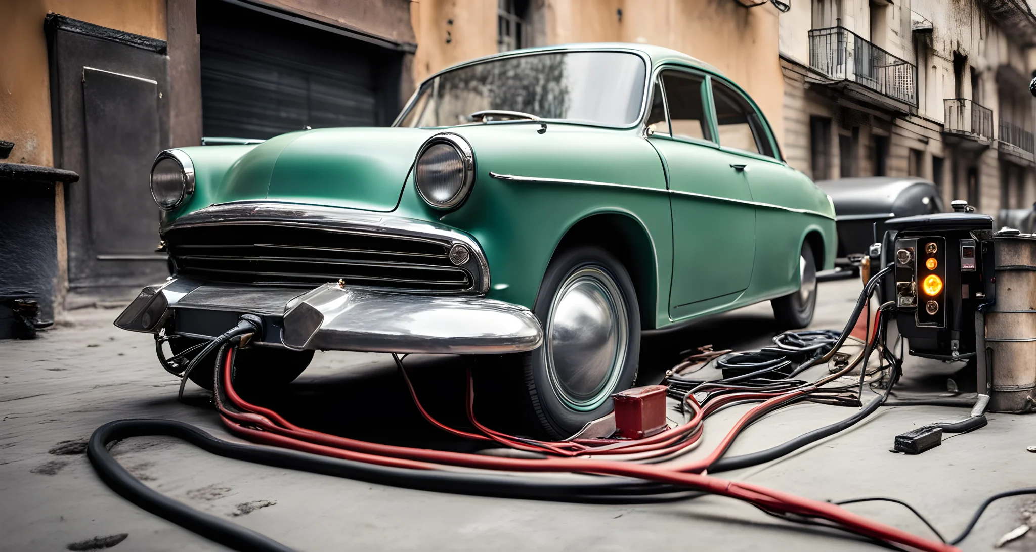 The image shows a vintage car being converted into an electric vehicle.