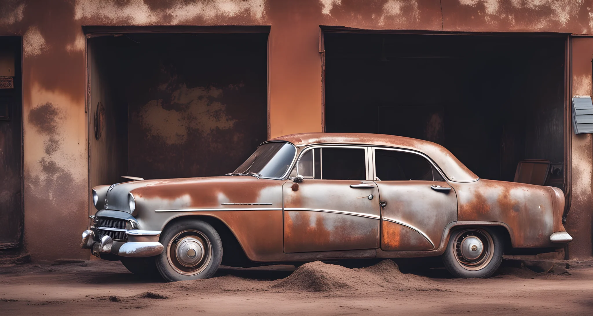 The image shows a vintage classic car covered in dust and rust, with the car's original logo and paint partially visible.