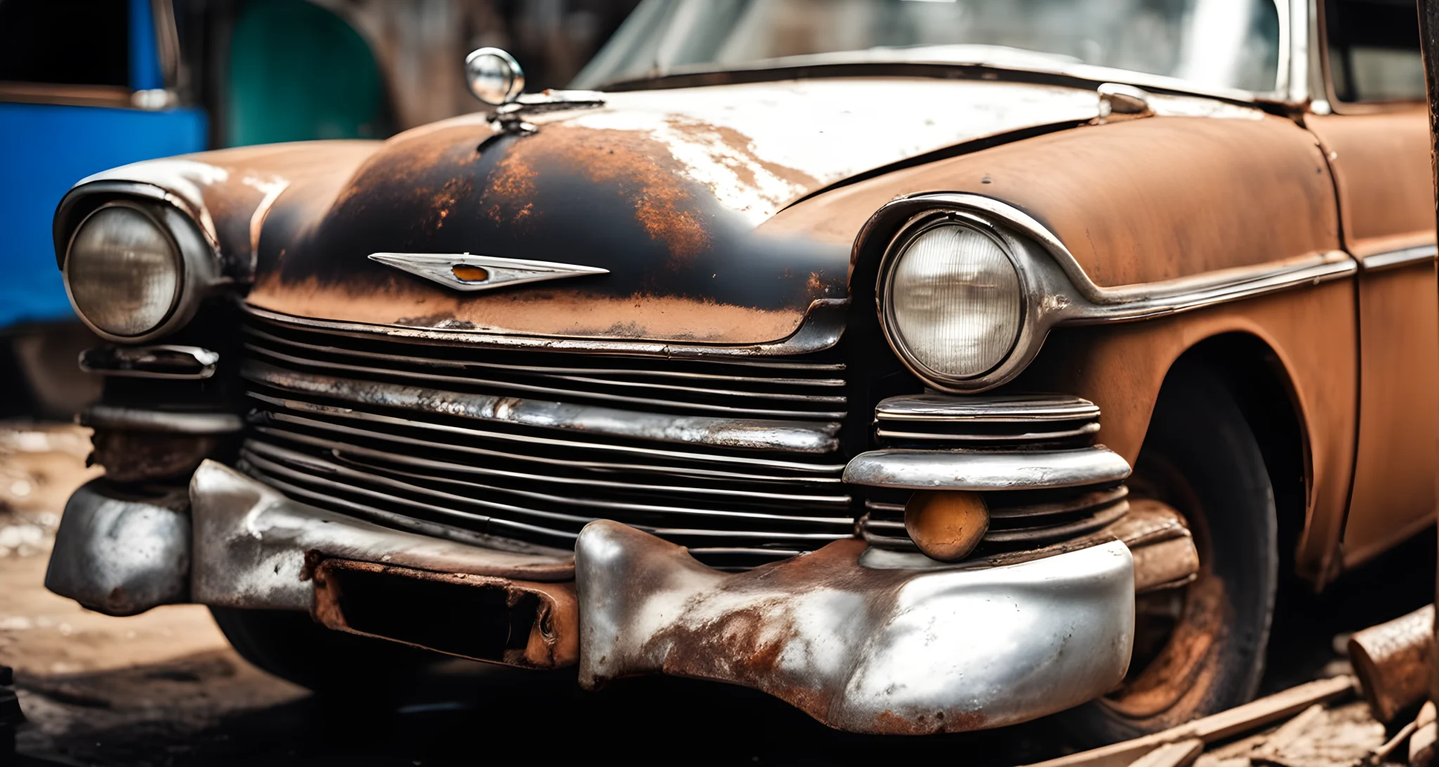The image shows a vintage classic car in need of restoration, with visible rust and wear on the body and components.