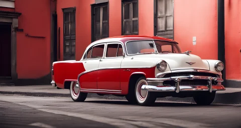 The image shows a vintage classic car with a glossy red exterior, chrome bumpers, and white-wall tires.