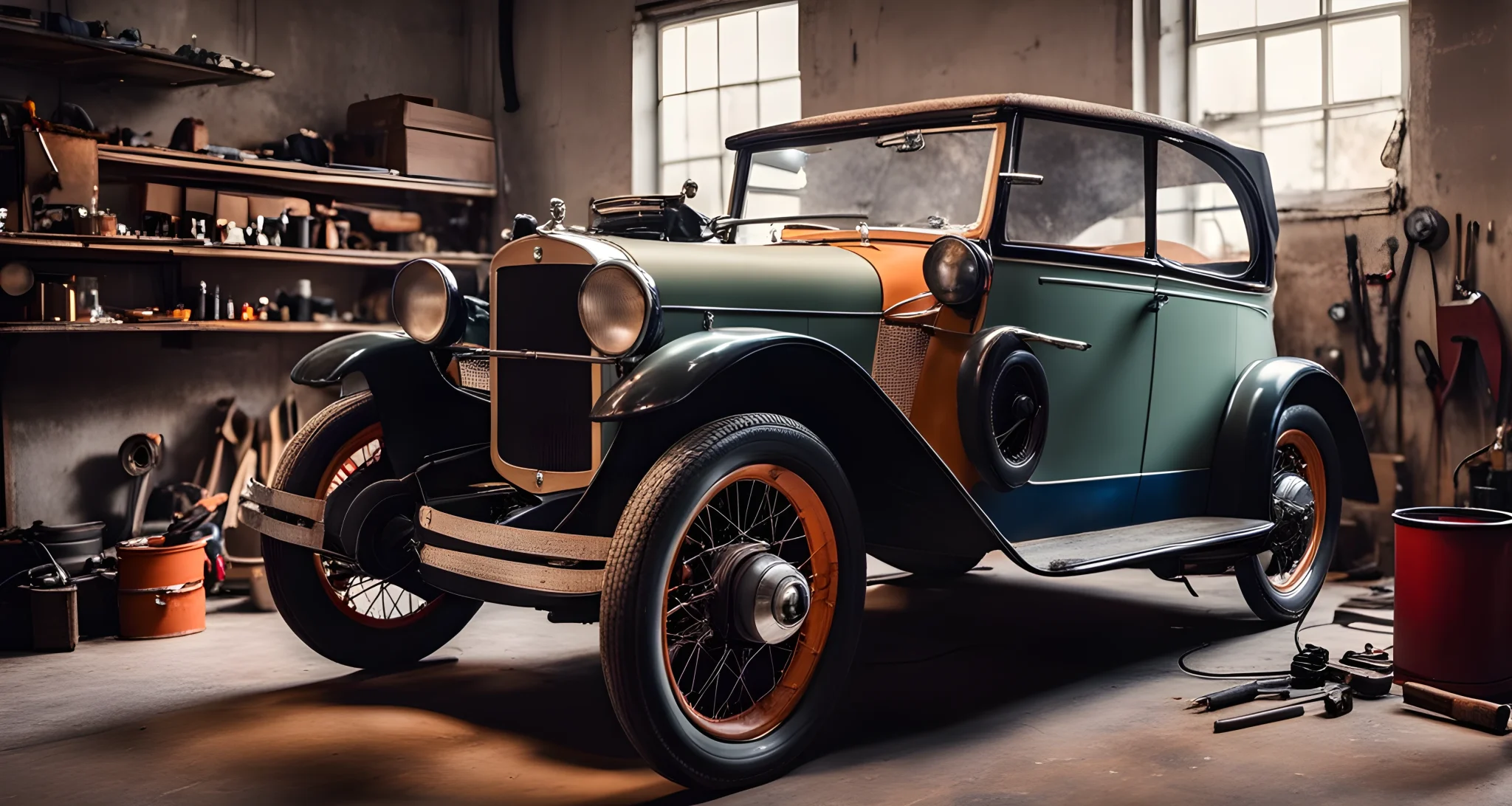 The image shows a vintage electric car being carefully restored in a workshop, surrounded by tools and equipment.